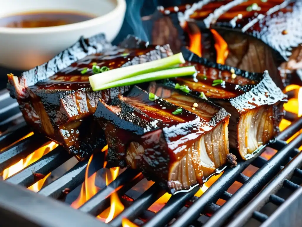 Deliciosas costillas de res coreanas en la parrilla, con ingredientes tradicionales