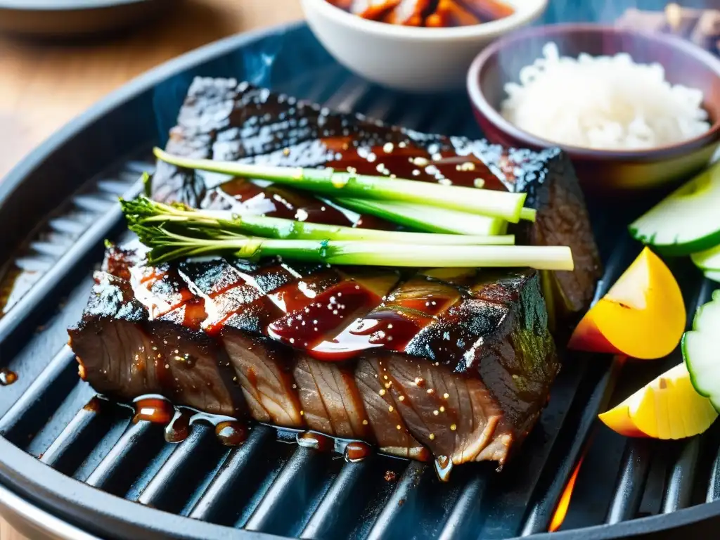 Un delicioso galbi coreano a la parrilla con acompañamientos tradicionales, creando una escena apetitosa de la receta tradicional galbi coreano