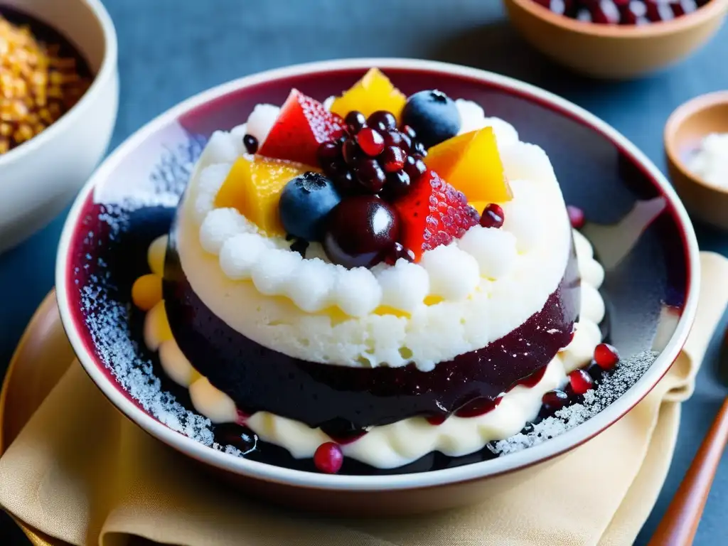 Un delicioso patbingsu coreano tradicional, con hielo raspado, frutas, frijoles rojos y leche condensada en un tazón de barro