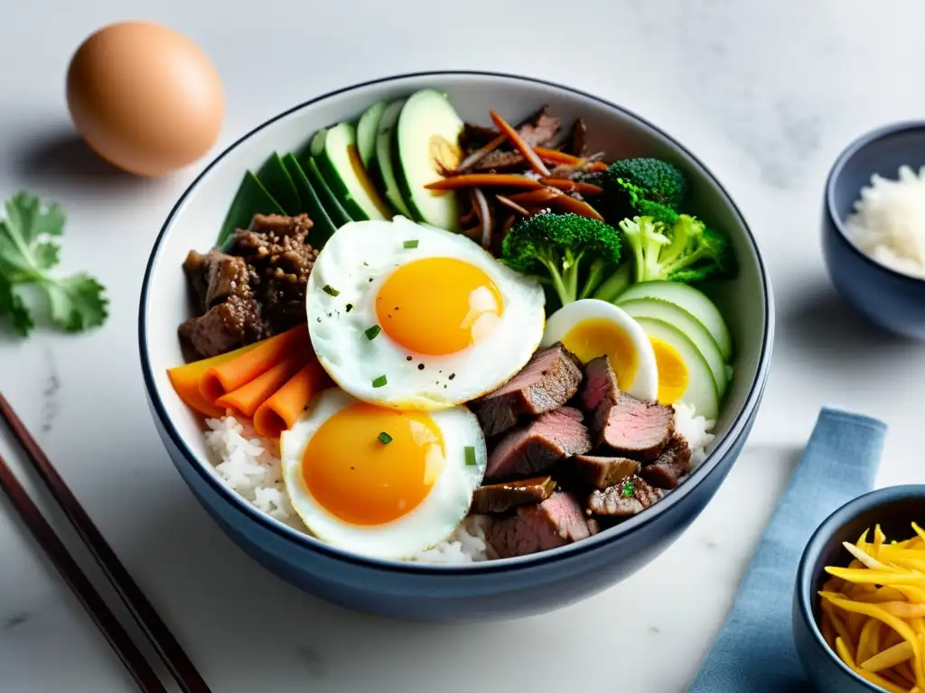 Un delicioso bibimbap plato tradicional coreano con ingredientes vibrantes y armoniosos, presentado con elegancia y calidez