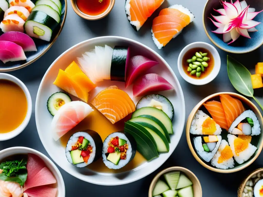 Delicioso surtido de alimentos asiáticos para embellecer piel: sushi, sashimi, miso, kimchi y frutas tropicales en una mesa de madera con luz natural