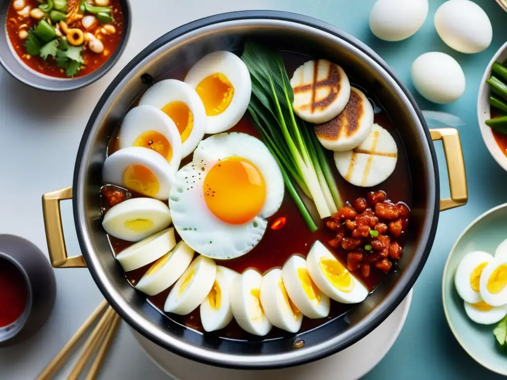 Un delicioso y vibrante plato de topokki comida callejera coreana, con vapor y coloridos ingredientes, en un bullicioso ambiente callejero de Corea