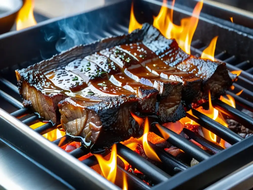 Deliciosos galbi coreanos cocinándose en la parrilla, rodeados de coloridos platillos tradicionales