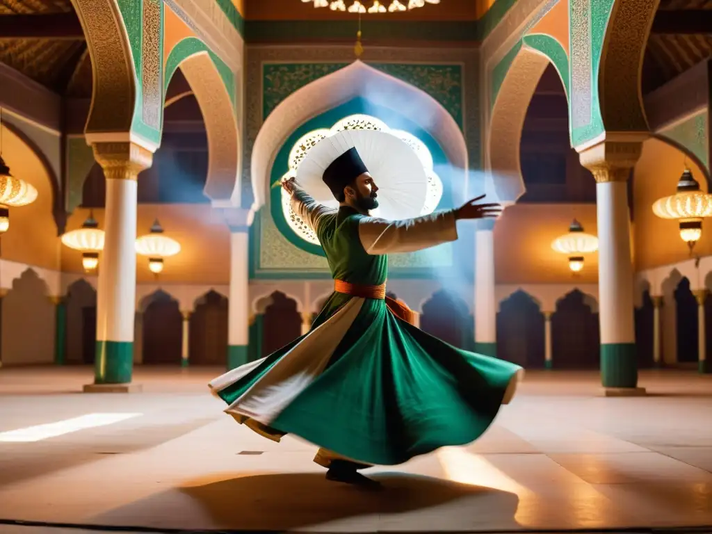 Danza Sufi: Éxtasis Espiritual en Imagen Impactante Un derviche sufí gira en éxtasis espiritual mientras viste atuendo tradicional