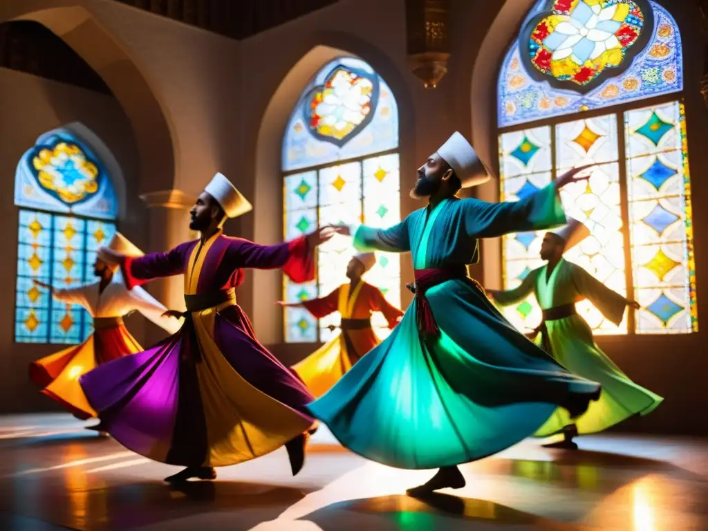 Danza de derviches sufíes: un espectáculo espiritual Derviches sufíes giran en danza mística, sus túnicas vibrantes crean un espectáculo visual