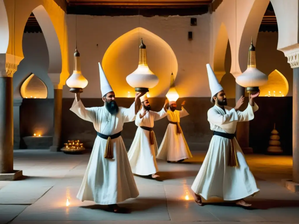Derviches Sufíes en trance: Danza mística en la mezquita centenaria Sufi derviches en trance, girando con devoción en una antigua mezquita iluminada por lámparas de aceite
