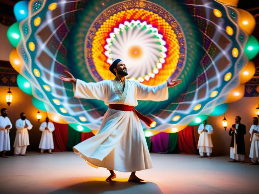Sufi Dervish en Éxtasis: Imagen Impactante Sufi dervish en trance extático, rodeado de luces vibrantes, expresando misticismo y unión divina en ritual sufi
