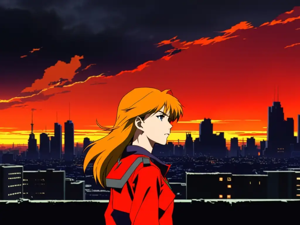 Asuka Langley Soryu en su EVA Unit, desafiante en un paisaje apocalíptico