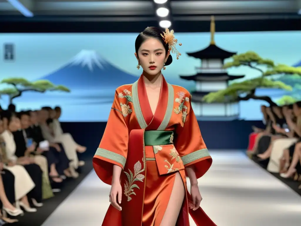 Desfile de alta costura japonesa con modelos luciendo prendas inspiradas en kimonos en vibrantes colores y lujosas telas