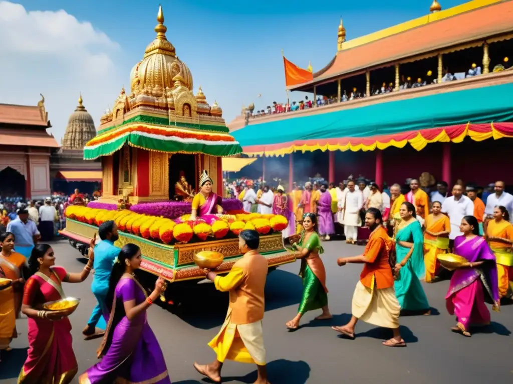 Desfile colorido de festivales del Hinduismo tradicionales con música, ofrendas y ropa tradicional vibrante