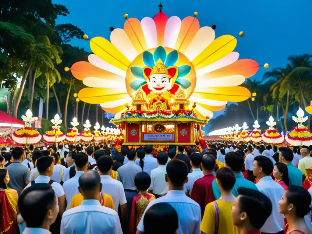 Desfile del Festival Chingay Parade en Singapur, vibrante y lleno de energía, con deslumbrantes carrozas y coloridos trajes tradicionales