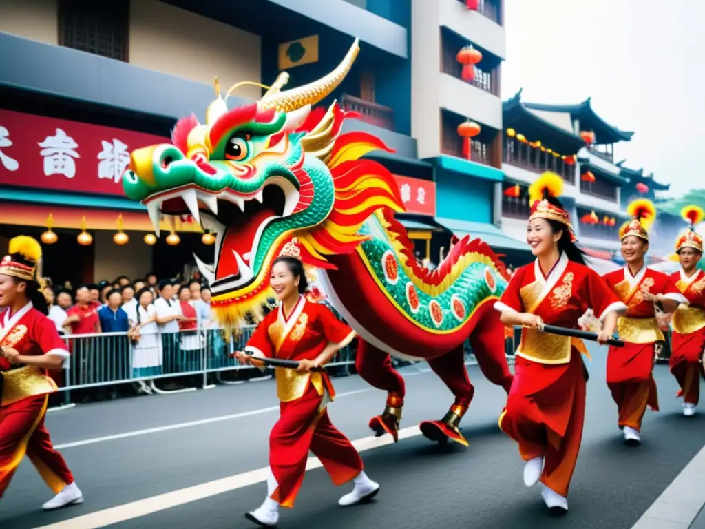 Desfile festivo asiático con músicos y bailarines de dragón en vibrantes trajes rojos y dorados, inmersos en la tradición y la música