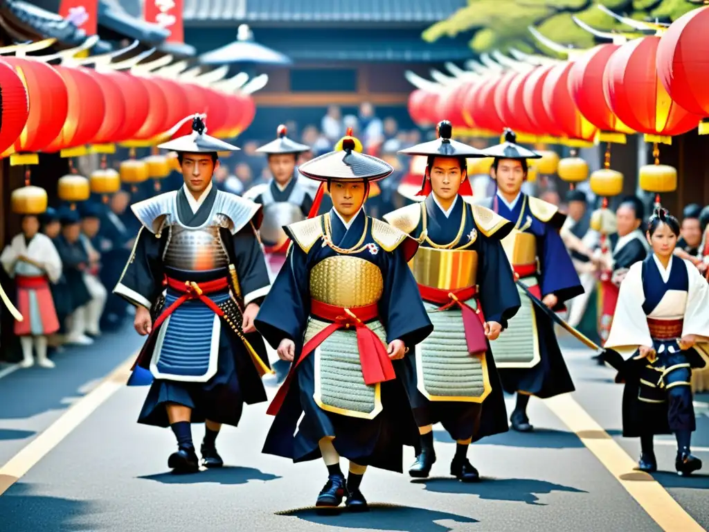 Desfile festivo japonés con participantes vestidos como samuráis, vibrantes banners y espectadores en una calle histórica