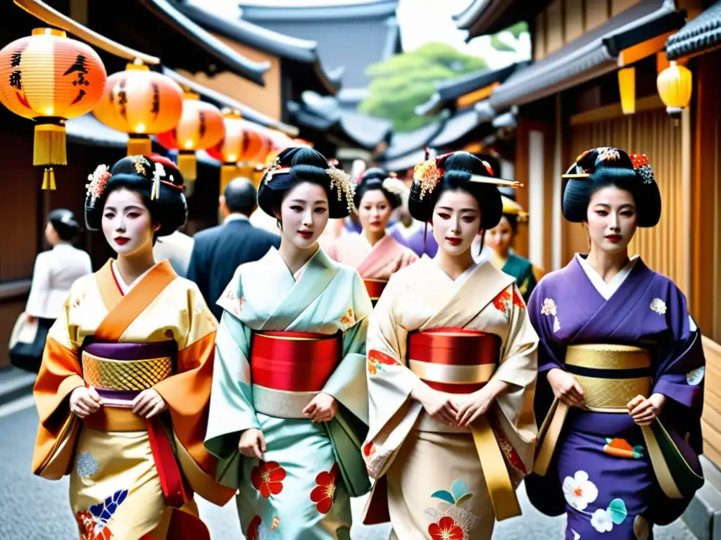 Un desfile de geishas y maikos en el Festival Matsuri de Gion, con kimonos coloridos y decoración tradicional