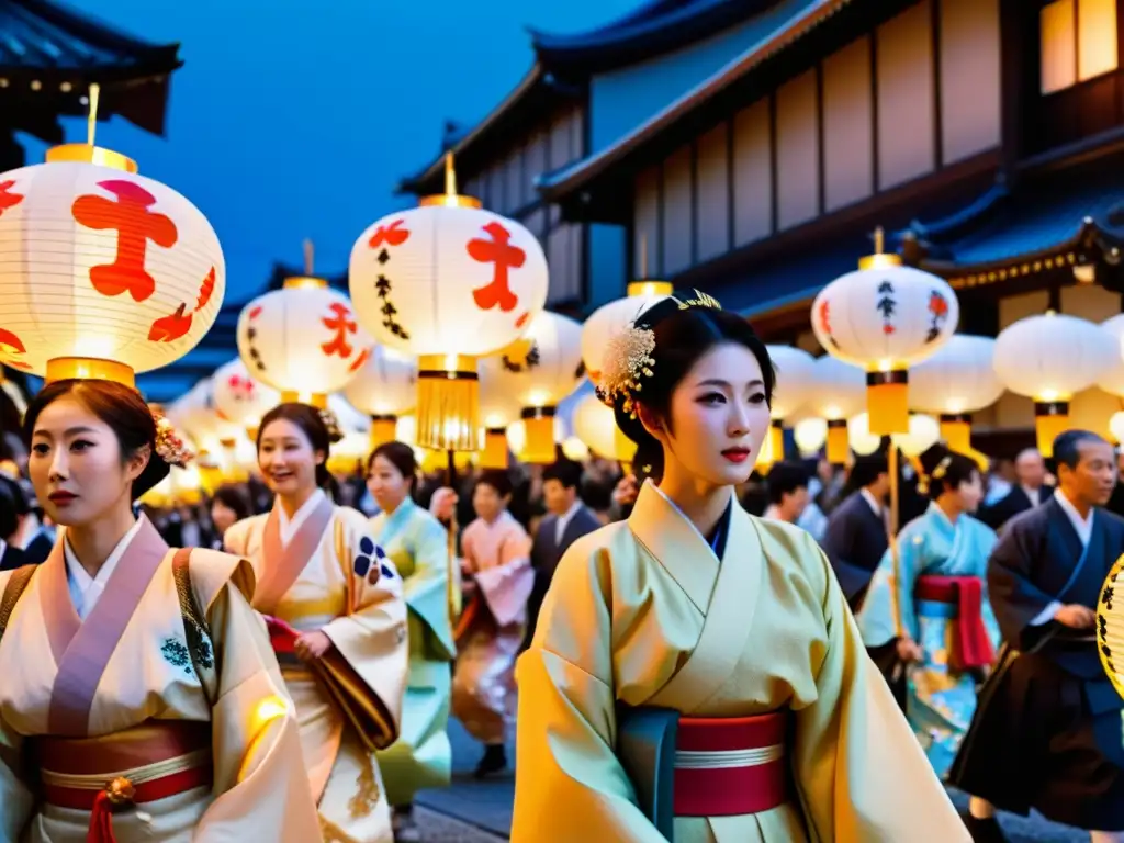 Desfile de Gion Matsuri en Japón: celebraciones espirituales ancestrales Asia con trajes tradicionales, faroles y espectadores emocionados