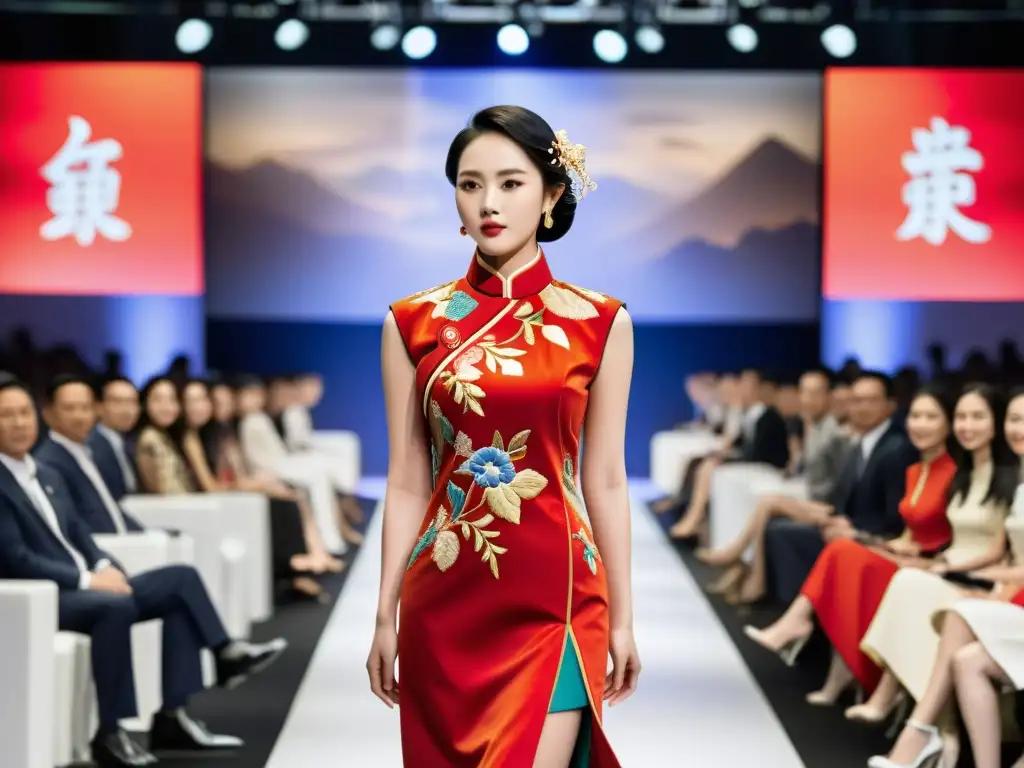 Desfile de moda de adaptaciones de la moda asiática con un qipao tradicional en la pasarela y un público diverso de entusiastas de la moda al fondo