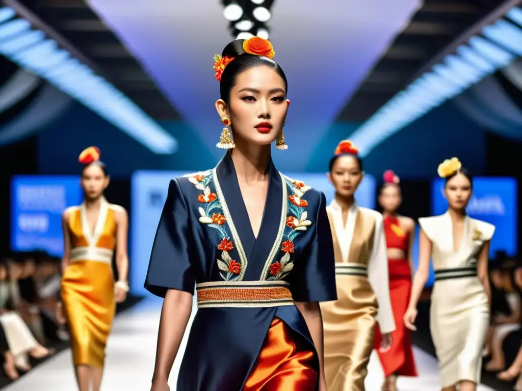 Desfile de moda en Asia con adaptaciones de la moda asiática, modelos con atuendos culturalmente inspirados, colores vibrantes y texturas exquisitas