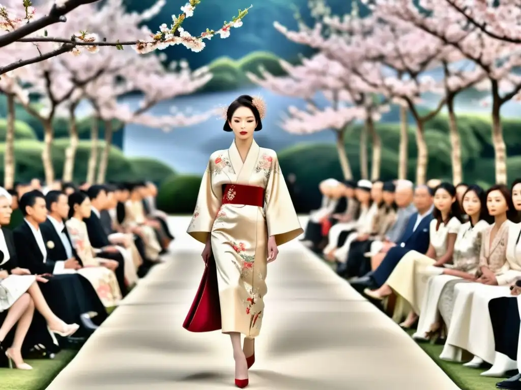 Desfile de moda de alta costura japonesa del siglo XX con kimonos detallados y toques modernos