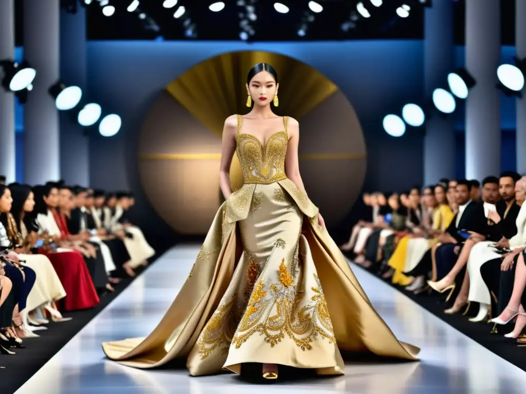 Desfile de moda asiática con vestido de alta costura adornado con seda y bordados dorados