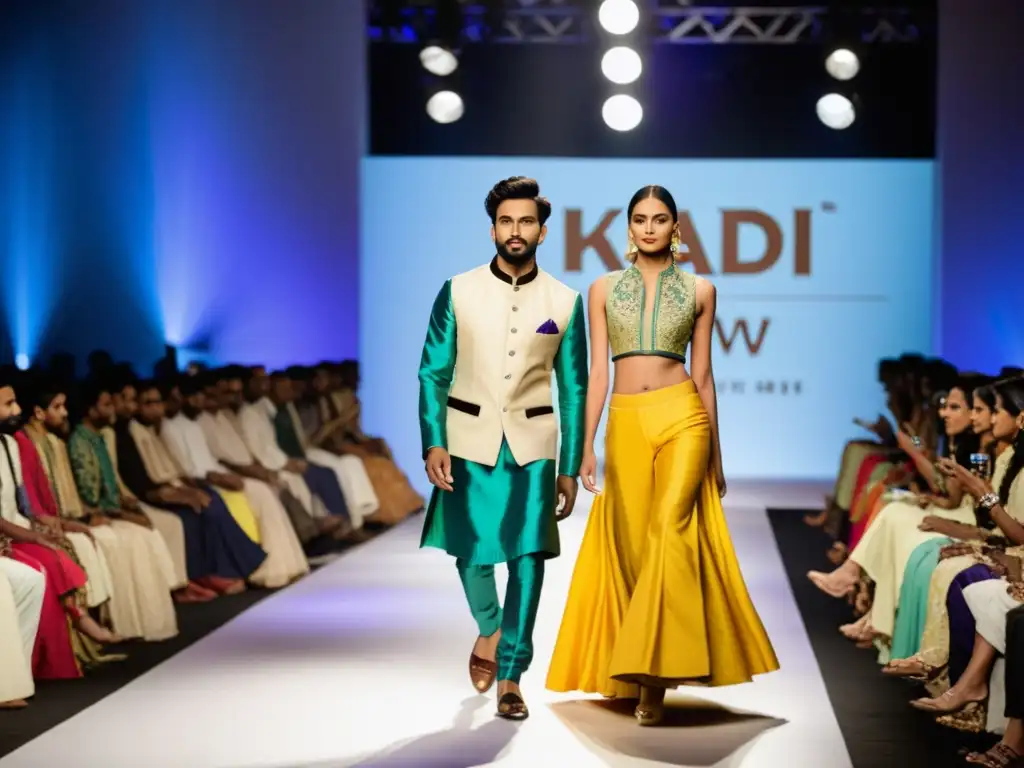 Un desfile de moda contemporánea india con modelos luciendo vibrantes prendas Khadi