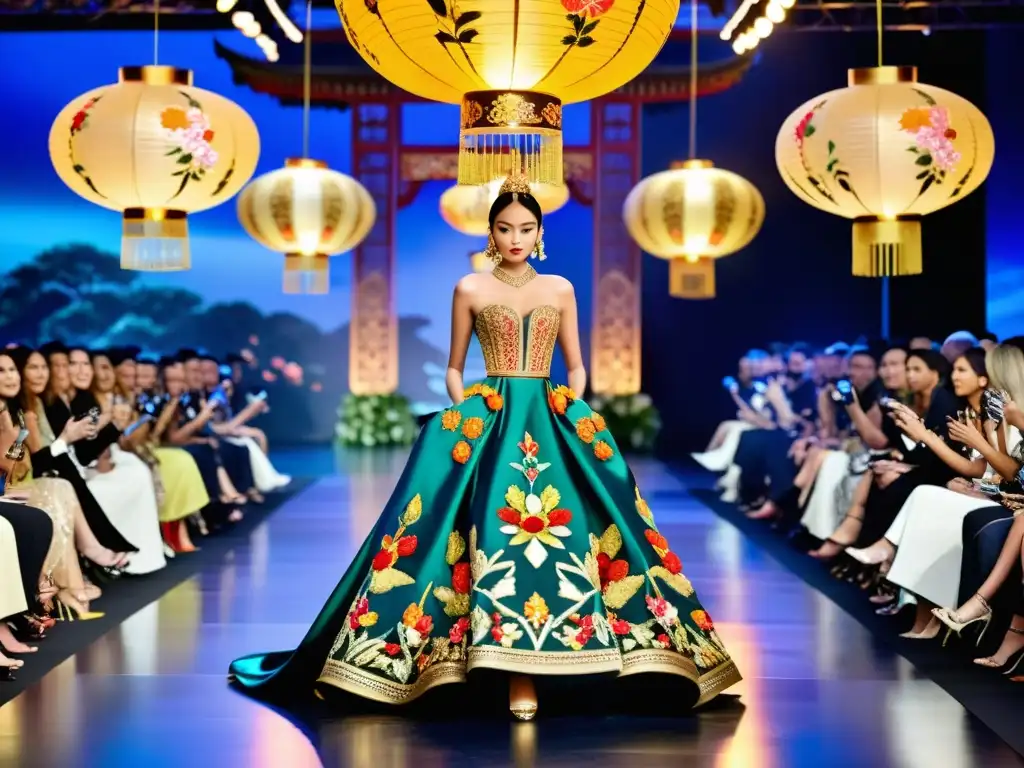 Desfile de moda de diseñador asiático de alta costura con detalles inspirados en Asia y alta costura