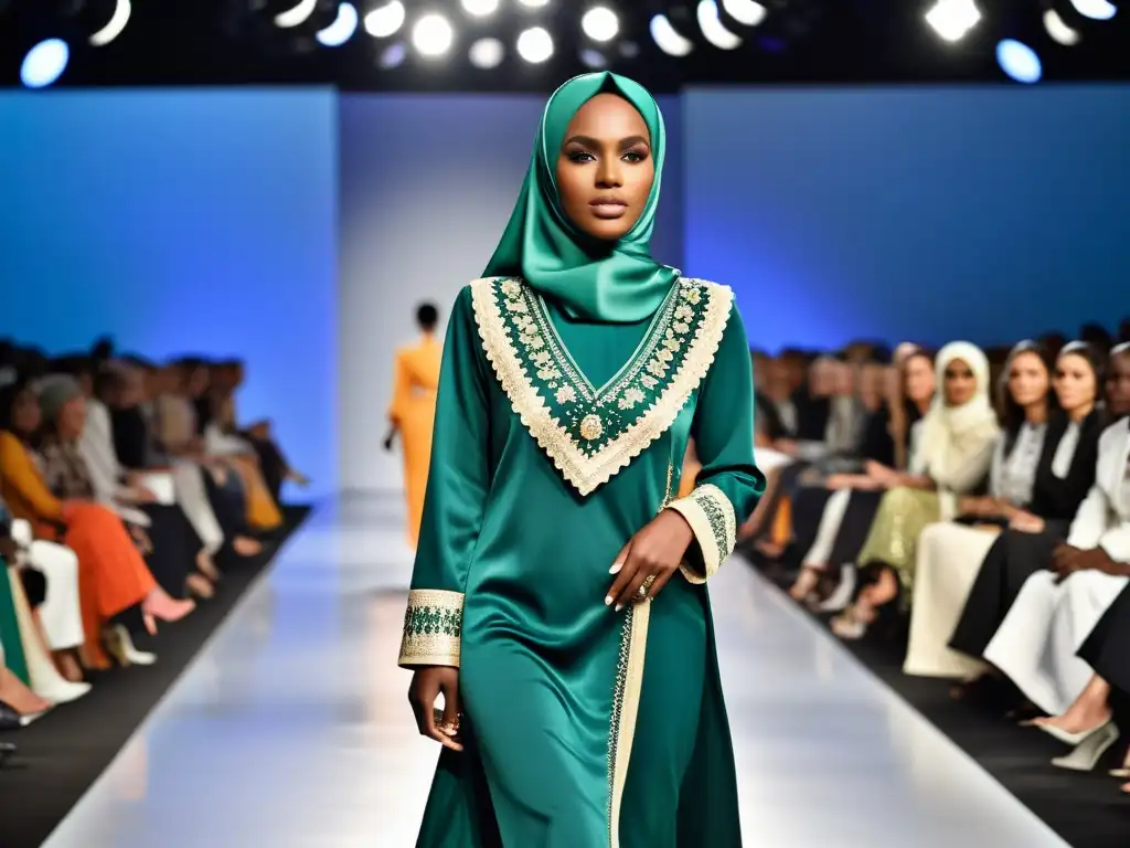 Desfile de moda con fusión de moda modesta y haute couture, modelos elegantes con hijab, cautivan a la audiencia multicultural