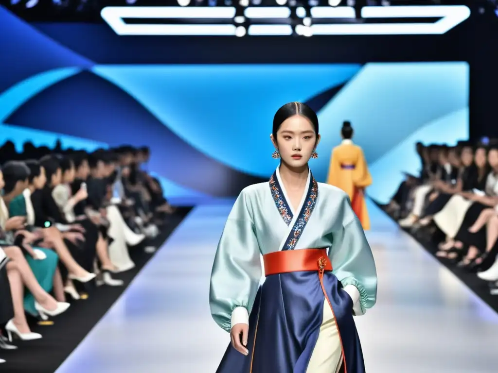 Desfile de moda hanbok: fusión futurista Desfile de moda con reinterpretación futurista del hanbok coreano, capturando la resurrección del Hanbok en moda