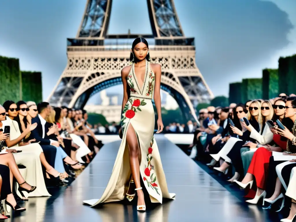 Desfile de moda en París con impacto de diseñadores asiáticos y la Torre Eiffel al fondo