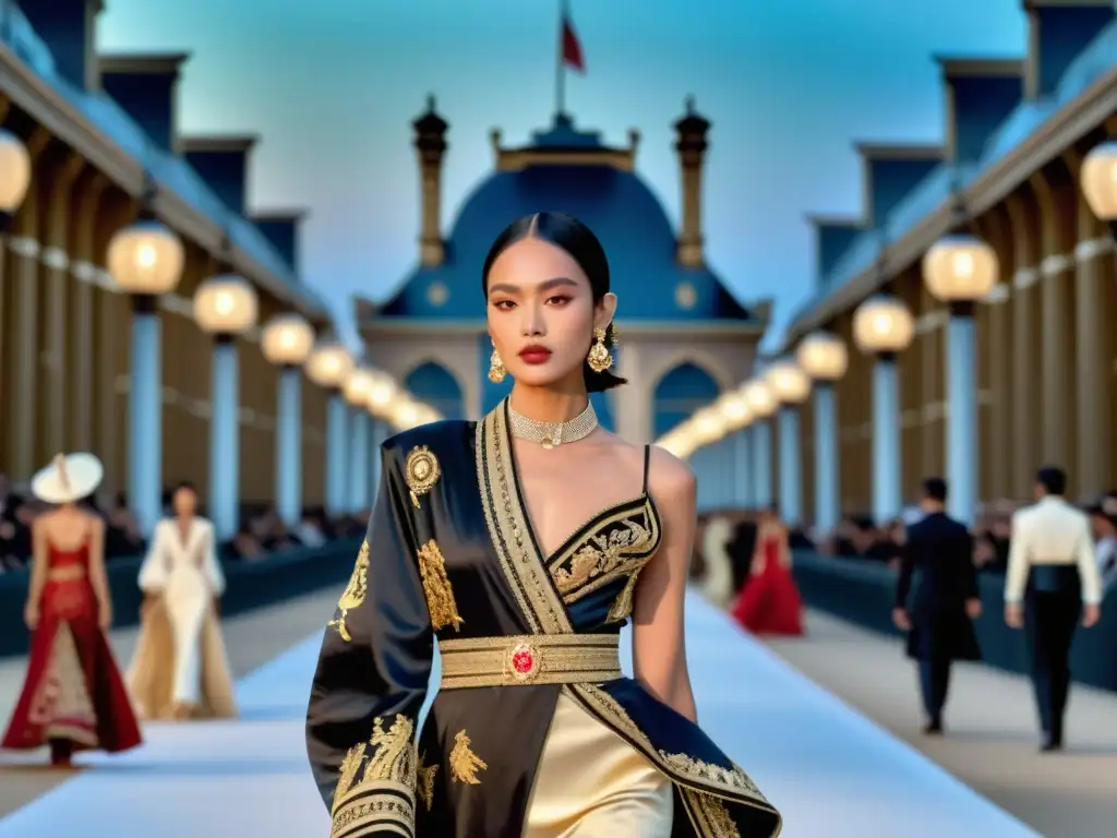 Desfile de moda en París con influencia asiática y alta costura, capturando la elegancia y la fusión cultural de los diseñadores asiáticos en París