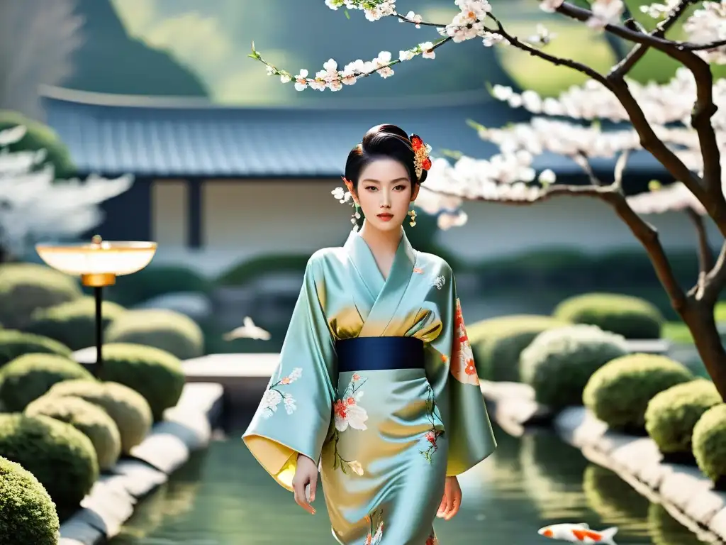 Desfile de moda con inspiración en la filosofía oriental, modelos lucen lujosos kimonos en un jardín de cerezos en flor y estanque de peces koi al atardecer