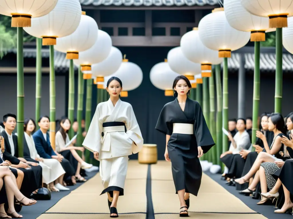 Desfile de moda japonés con influencia del Zen: modelos en prendas sencillas en pasarela de bambú y faroles, reflejando calma y elegancia