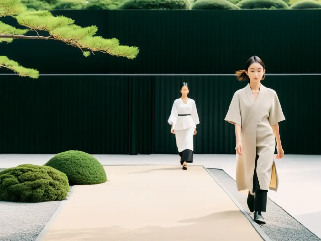 Desfile de moda japonés con influencia del Zen: modelos en prendas minimalistas pasean en pasarela, rodeados de jardín zen