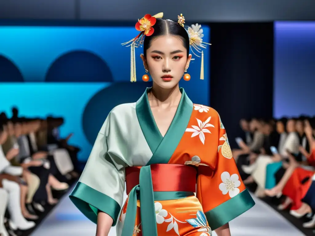 Desfile de moda japonés de lujo con innovadoras creaciones inspiradas en el kimono, evocando la evolución de la moda en Japón