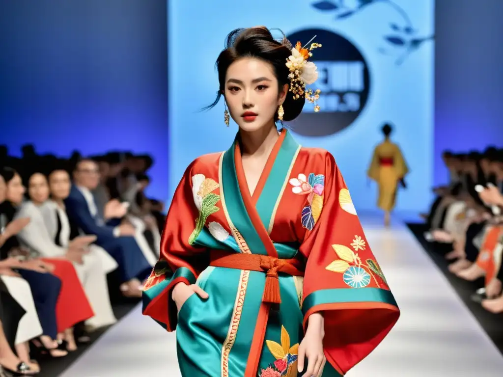 Desfile de moda con diseño de kimono japonés cautivador, fusionando tradición y modernidad