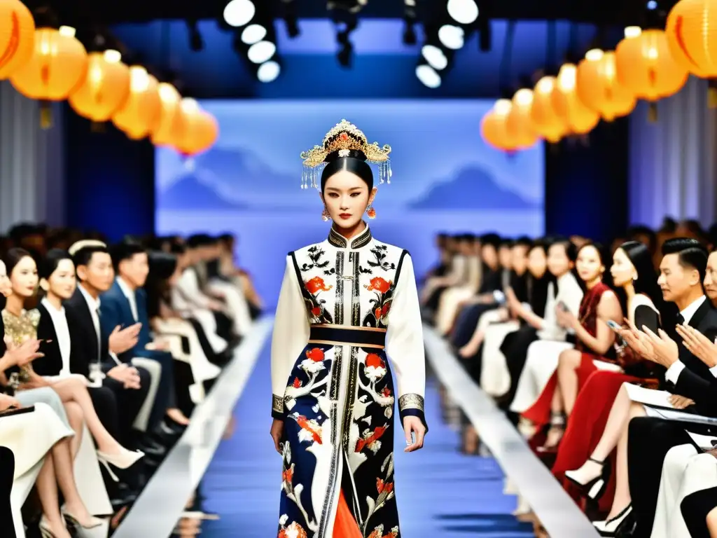 Desfile de moda de lujo en China con diseños tradicionales y contemporáneos, celebrando la historia y la innovación de la moda de lujo china