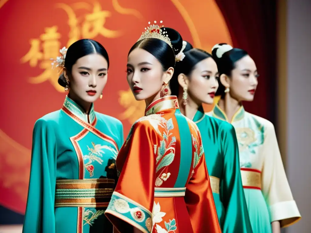Desfile de moda de lujo china sofisticada en Shanghai con diseños tradicionales y modelos elegantes en una pasarela vanguardista