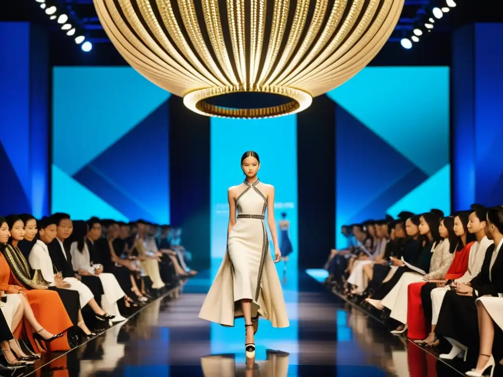 Desfile de moda de lujo en China con influencias tradicionales, modelos y espectadores cautivados por diseños contemporáneos