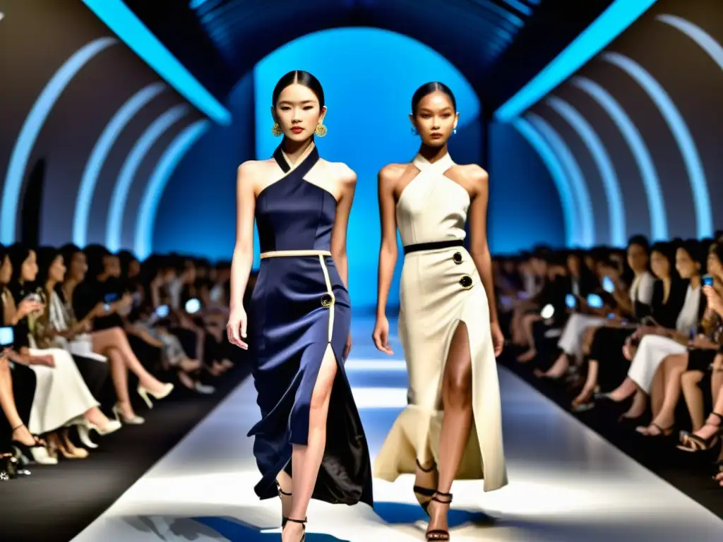Desfile de moda asiática de lujo: fusión vanguardista Desfile de moda de lujo en Asia con diseñadores asiáticos en prendas vanguardistas y lujosas, fusionando tradición y modernidad