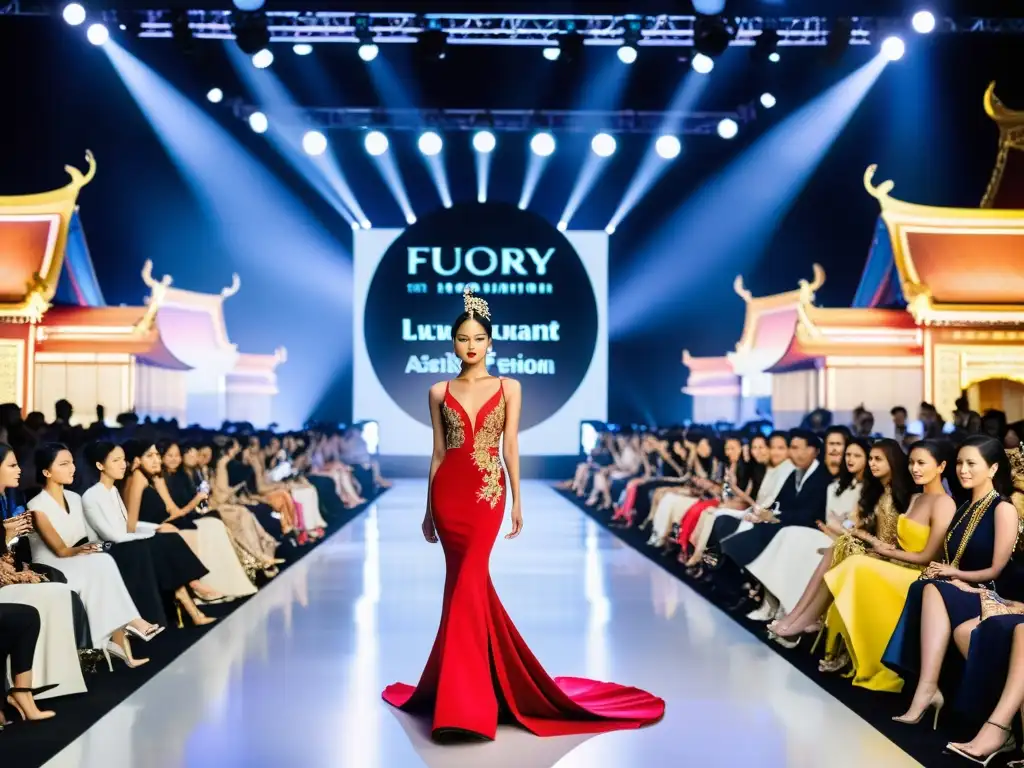 Desfile de moda de lujo en Asia con energía vibrante y opulencia, fusionando motivos tradicionales y modernos