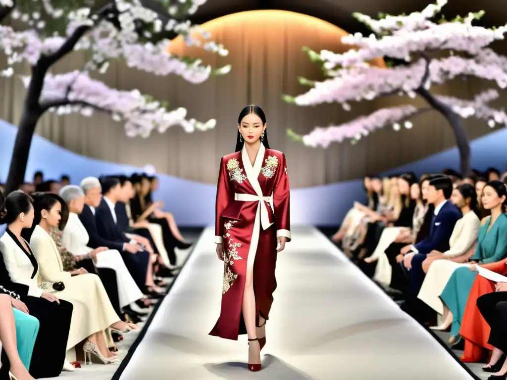 Desfile de moda de lujo con influencia del imaginario asiático, modelos lucen trajes de seda y motivos de cerezos en la pasarela