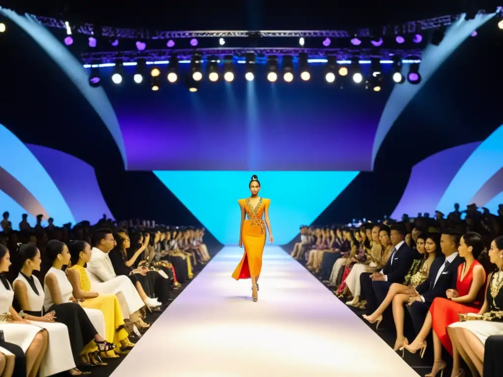 Desfile de moda de lujo en Asia con modelos luciendo prendas elegantes, una audiencia opulenta y un escenario deslumbrante