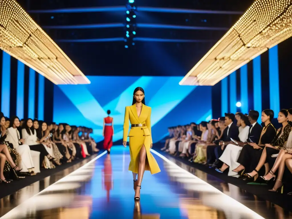 El desfile de moda de lujo en Asia muestra modelos elegantes desfilando en una pasarela impresionante, con un público vibrante y diverso