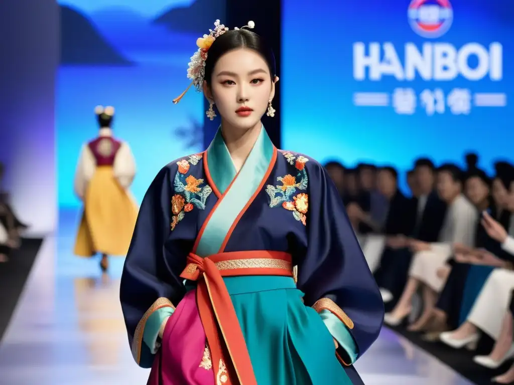 Reinterpretación moderna del hanbok en pasarela Un desfile de moda muestra la resurrección del Hanbok en moda con un diseño moderno y detalles de bordado vibrantes