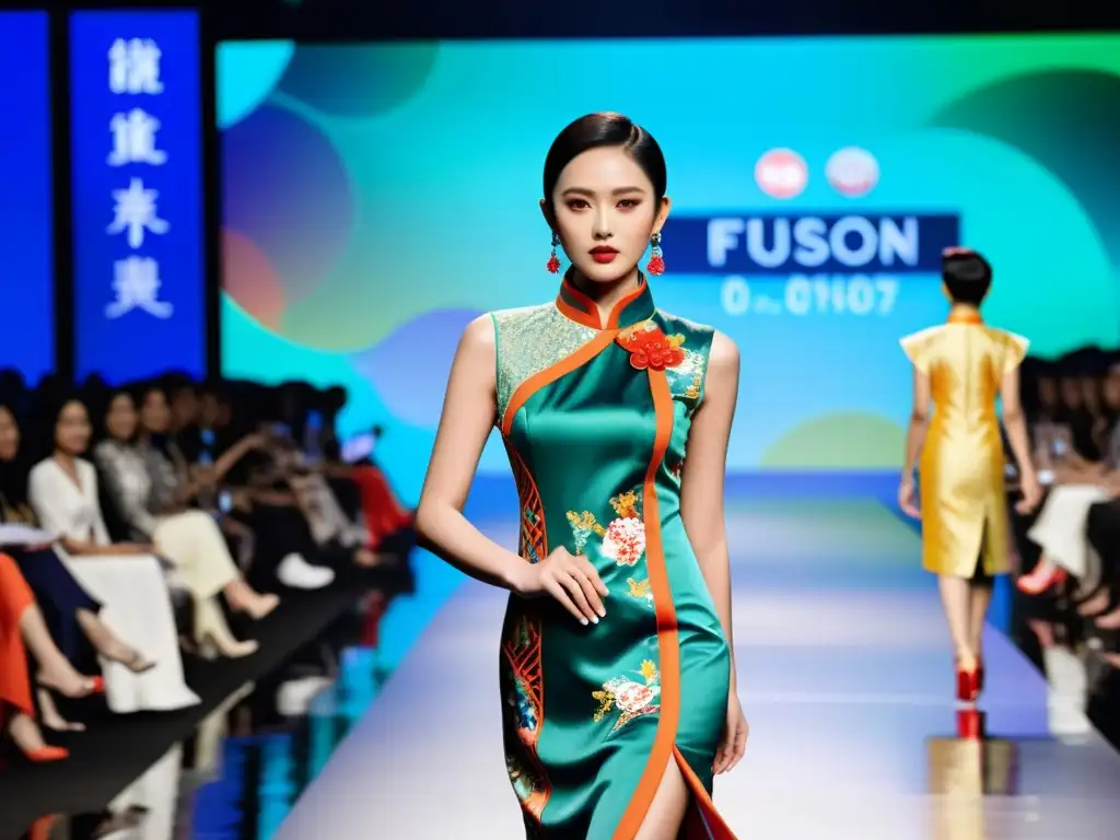 Un desfile de moda con modelos que redefinen el Cheongsam como símbolo de empoderamiento y celebración cultural, cautivando a una audiencia diversa