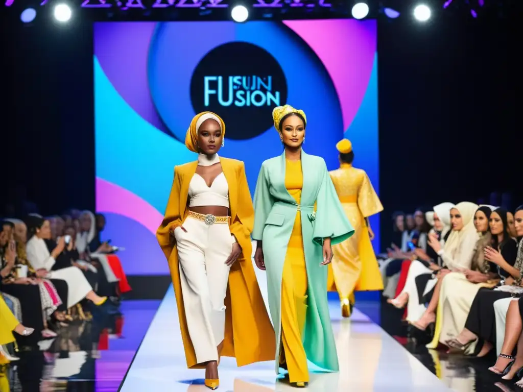 Un desfile de moda con modelos luciendo diseños haute couture, fusionando moda modesta con hijabs y elementos modernos