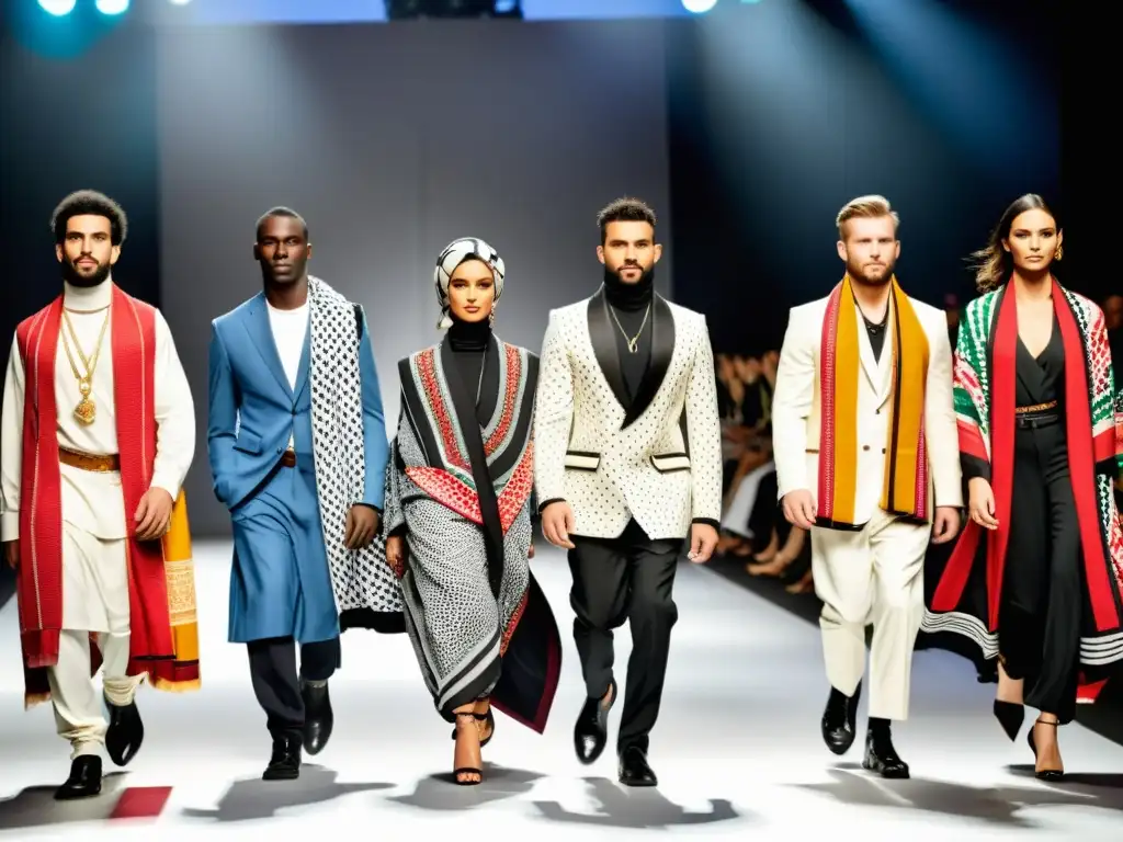 Desfile de moda con modelos internacionales luciendo el Kuffiyeh Palestino en un contexto de alta moda, destacando colores y patrones en la pasarela