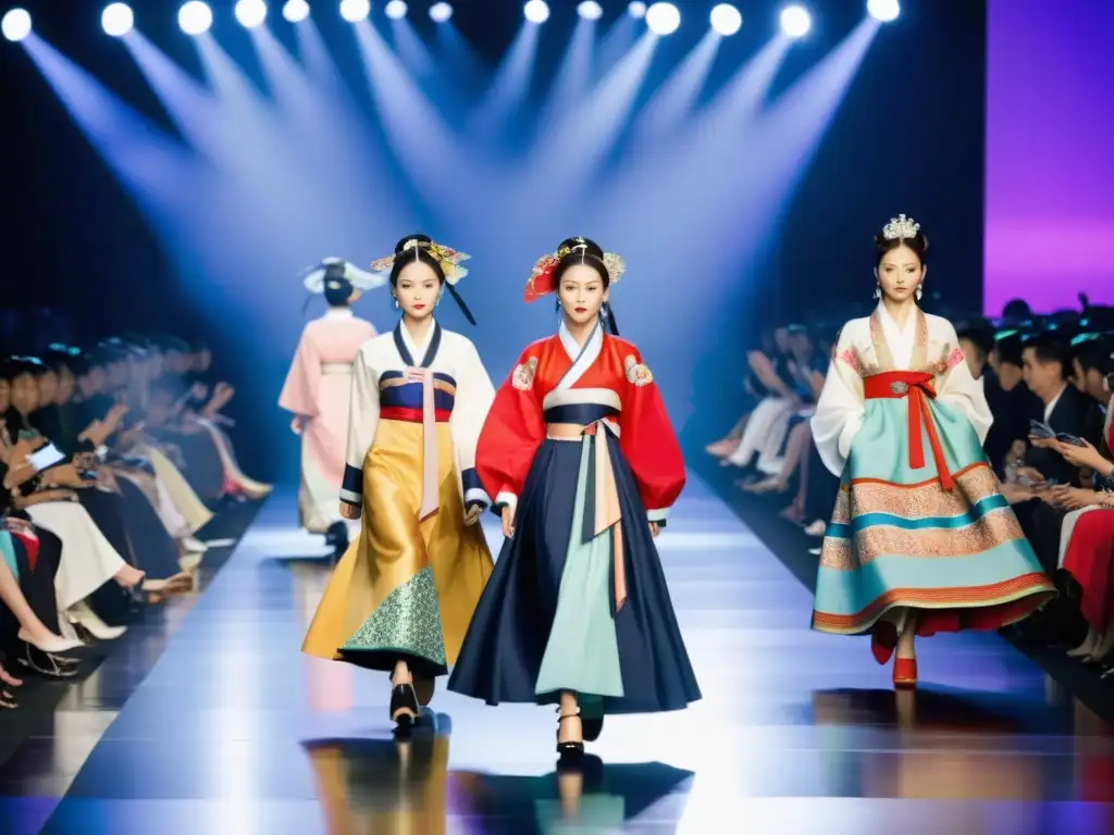Desfile de Hanbok: Fusión moderna y tradicional Desfile de moda con modelos llevando una reinterpretación contemporánea del Hanbok coreano, mostrando la resurrección del Hanbok en moda