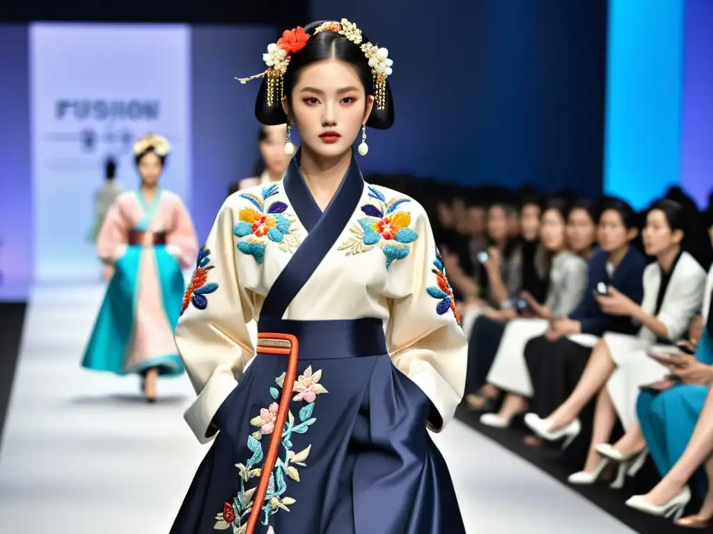 Desfile de moda con modelos luciendo la tradición del Hanbok en diseños contemporáneos, fusionando tradición y modernidad