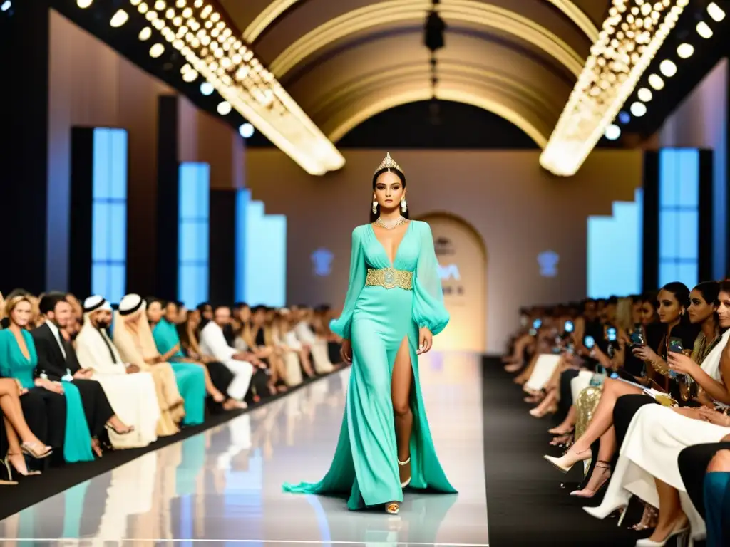 Desfile de moda en la Semana de la Moda de Dubai con diseños lujosos y vibrantes, capturando la esencia opulenta y glamurosa del evento