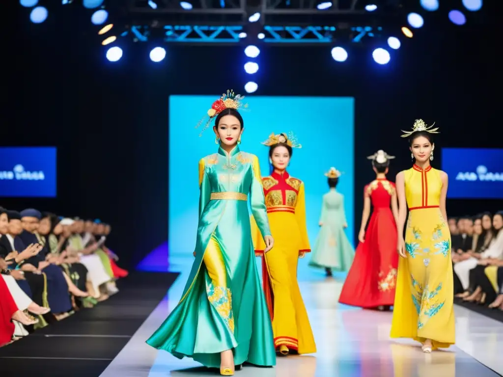 Desfile de moda tradicional asiática con modelos vietnamitas luciendo elegantes Ao Dai en una pasarela de alta costura